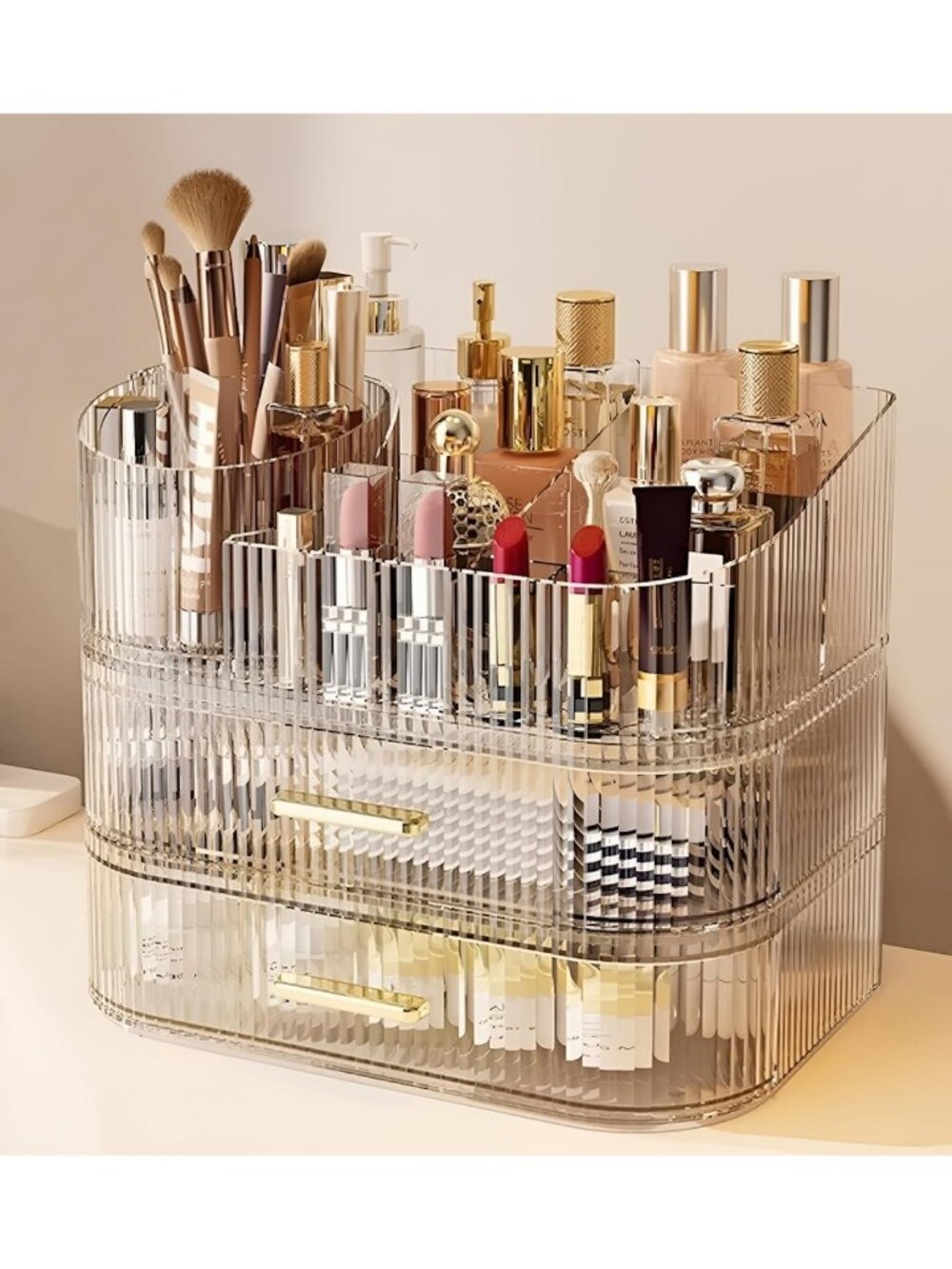 Large Makeup Organizer with Drawers & 360° Rotating Brush Holder - Stylish